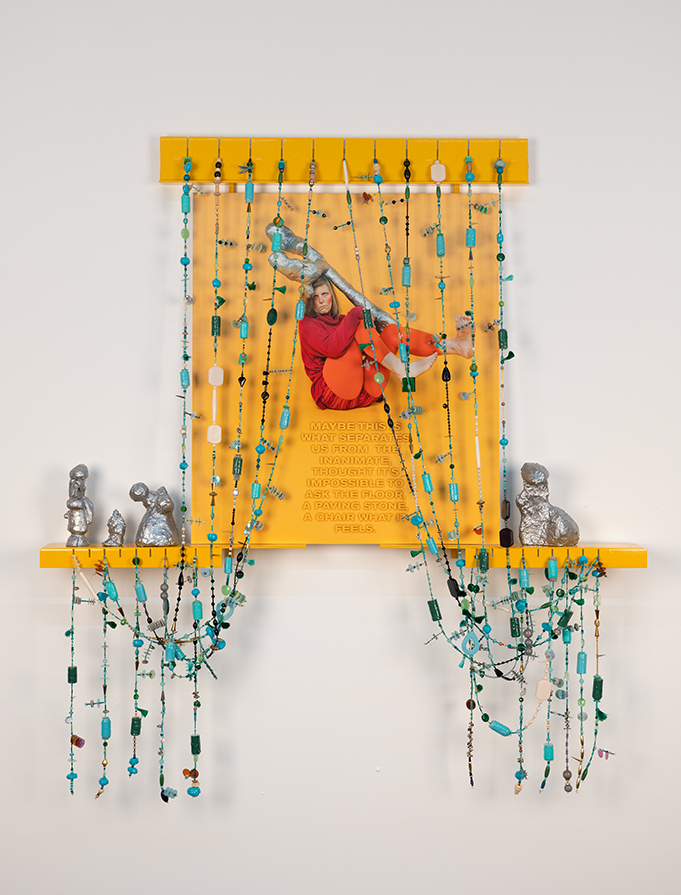 Maybe This Is What Separates Us from the Inanimate, 2023. Inkjet on paper laminated on Dibond, powder coated steel, paper mâché, plaster, paint, mixed media; 114,2 x 105,3 cm. Performer: Deborah Dunn.
